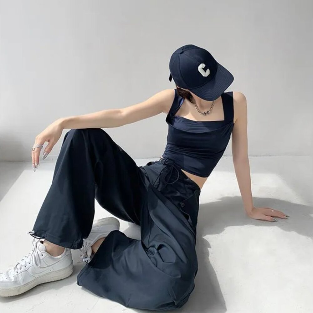 YesStyle Shira - Tie-Waist Drawstring Jogger Pants in Navy Blue Size Small S